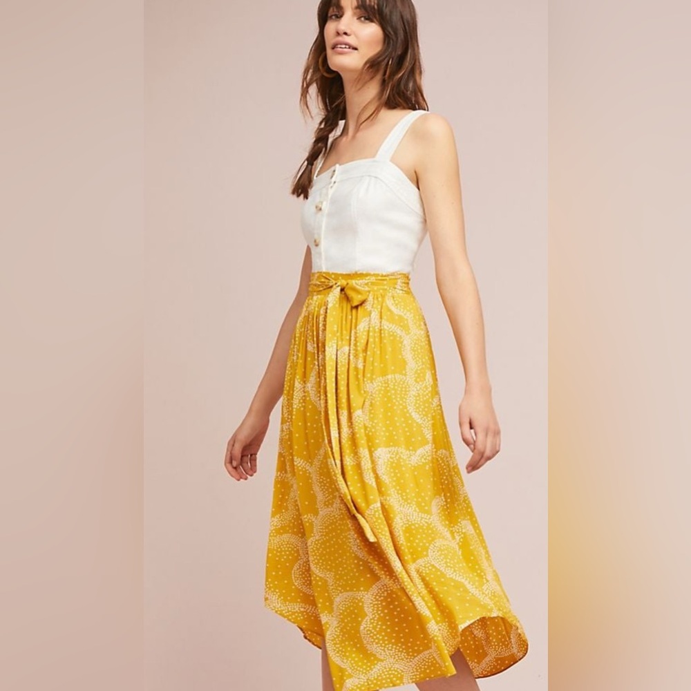 Anthropologie Yellow Floral Midi Skirt